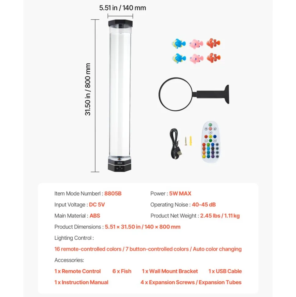 VEVOR Sensory Bubble Tube Lamp, 2.67 ft Bubble Fish Tube, Sensory Aquarium Lamp with 6 Floating Fish & 16 Color Effects, Remote Control, Stress Relief Calming Light for Bedroom Living Room Home Decor