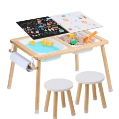 VEVOR Sensory Table and Chairs Set, Toddlers Activity Table with 2 Stools, 2 Storage Bins & Paper Roll Holder, Indoor/Outdoor Play Sand and Water Table, Wooden Kids Sensory Table - Gift for Boys Girls