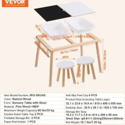 VEVOR Sensory Table and Chairs Set, Toddlers Activity Table with 2 Stools, 2 Storage Bins & Paper Roll Holder, Indoor/Outdoor Play Sand and Water Table, Wooden Kids Sensory Table - Gift for Boys Girls
