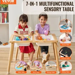 VEVOR Sensory Table and Chairs Set, Toddlers Activity Table with 2 Stools, 2 Storage Bins & Paper Roll Holder, Indoor/Outdoor Play Sand and Water Table, Wooden Kids Sensory Table - Gift for Boys Girls