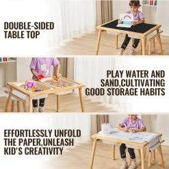 VEVOR Sensory Table and Chairs Set, Toddlers Activity Table with 2 Stools, 2 Storage Bins & Paper Roll Holder, Indoor/Outdoor Play Sand and Water Table, Wooden Kids Sensory Table - Gift for Boys Girls