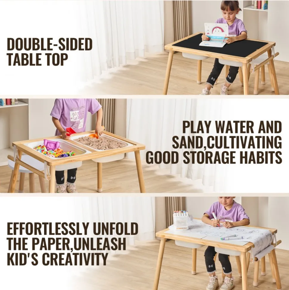 VEVOR Sensory Table and Chairs Set, Toddlers Activity Table with 2 Stools, 2 Storage Bins & Paper Roll Holder, Indoor/Outdoor Play Sand and Water Table, Wooden Kids Sensory Table - Gift for Boys Girls