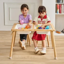 VEVOR Sensory Table and Chairs Set, Toddlers Activity Table with 2 Stools, 2 Storage Bins & Paper Roll Holder, Indoor/Outdoor Play Sand and Water Table, Wooden Kids Sensory Table - Gift for Boys Girls