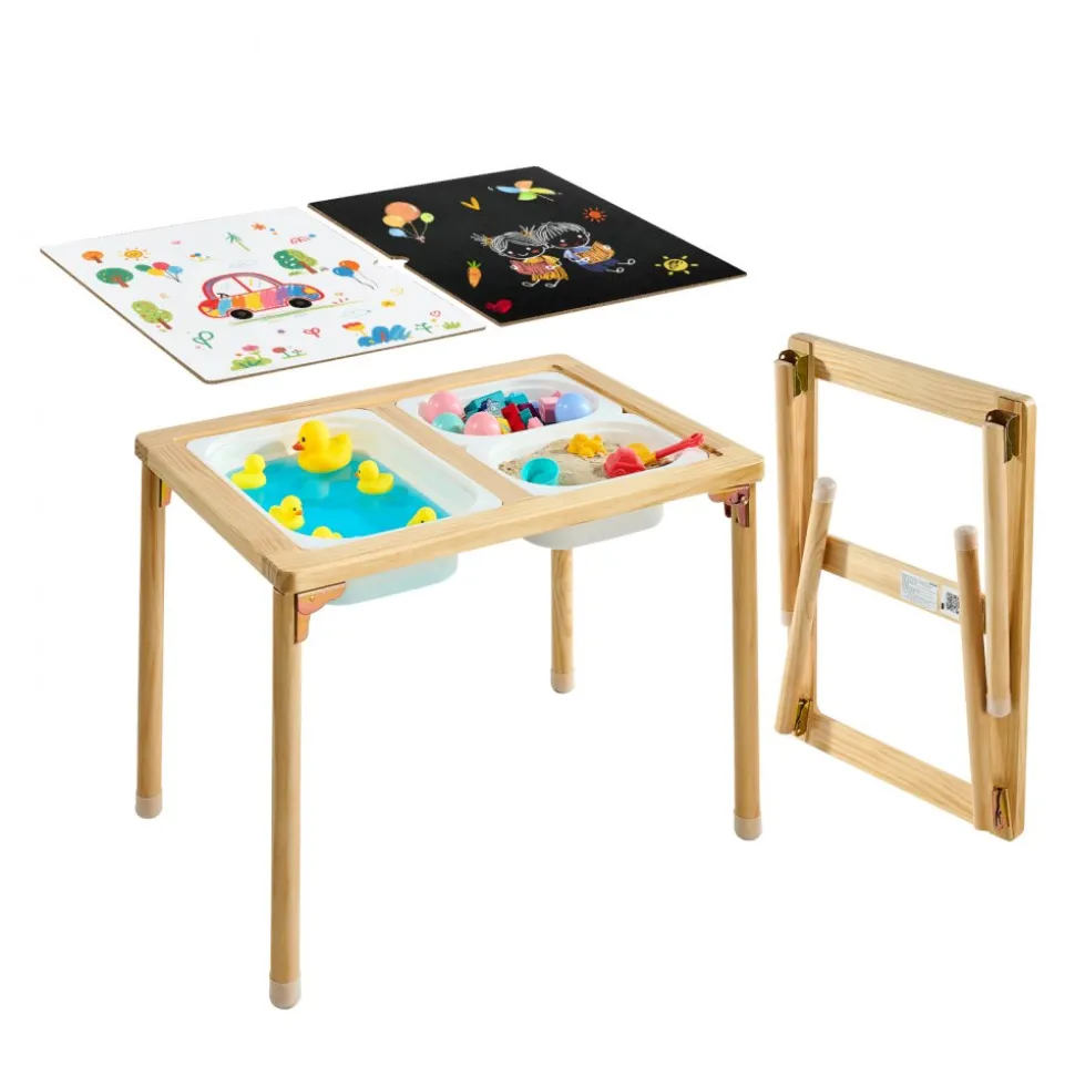VEVOR Sensory Table for Toddlers, Foldable Wooden Kids Activity Table with Double-Sided Board, Storage Bins, and Non-Slip Feet, for Boys and Girls Playing Sand and Water, Drawing, Studying, Dining