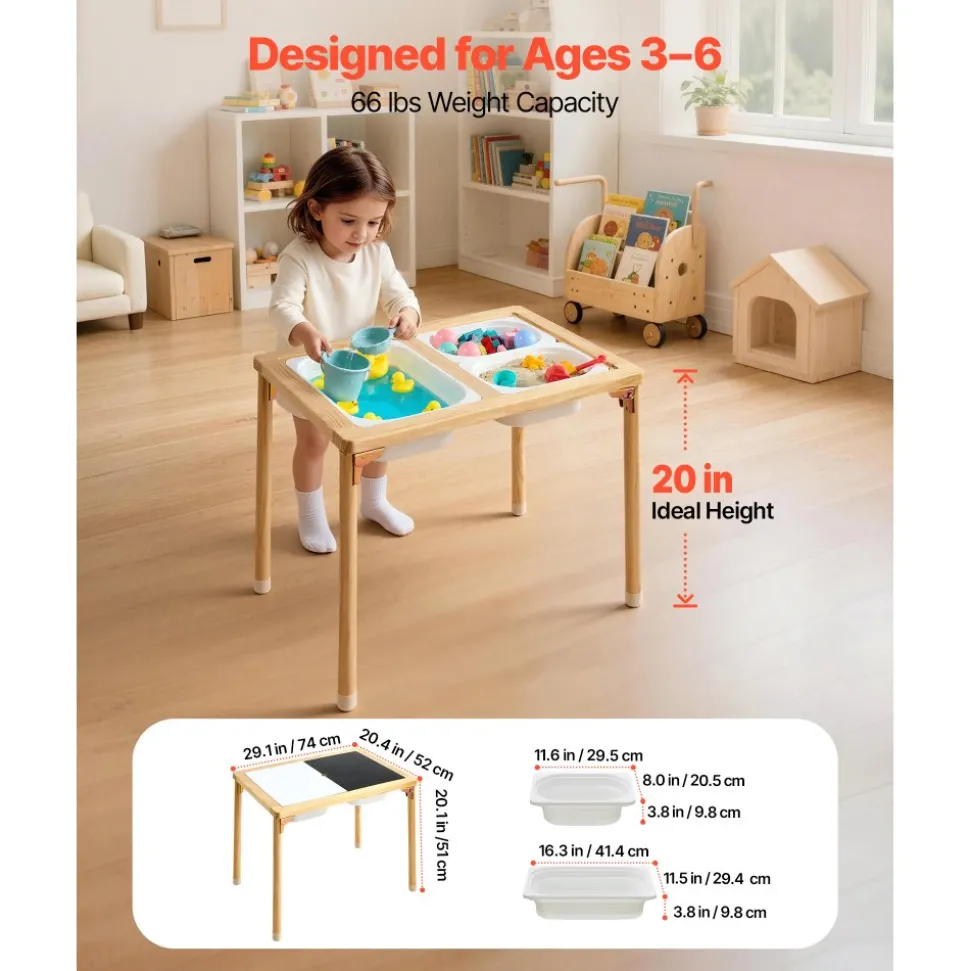 VEVOR Sensory Table for Toddlers, Foldable Wooden Kids Activity Table with Double-Sided Board, Storage Bins, and Non-Slip Feet, for Boys and Girls Playing Sand and Water, Drawing, Studying, Dining