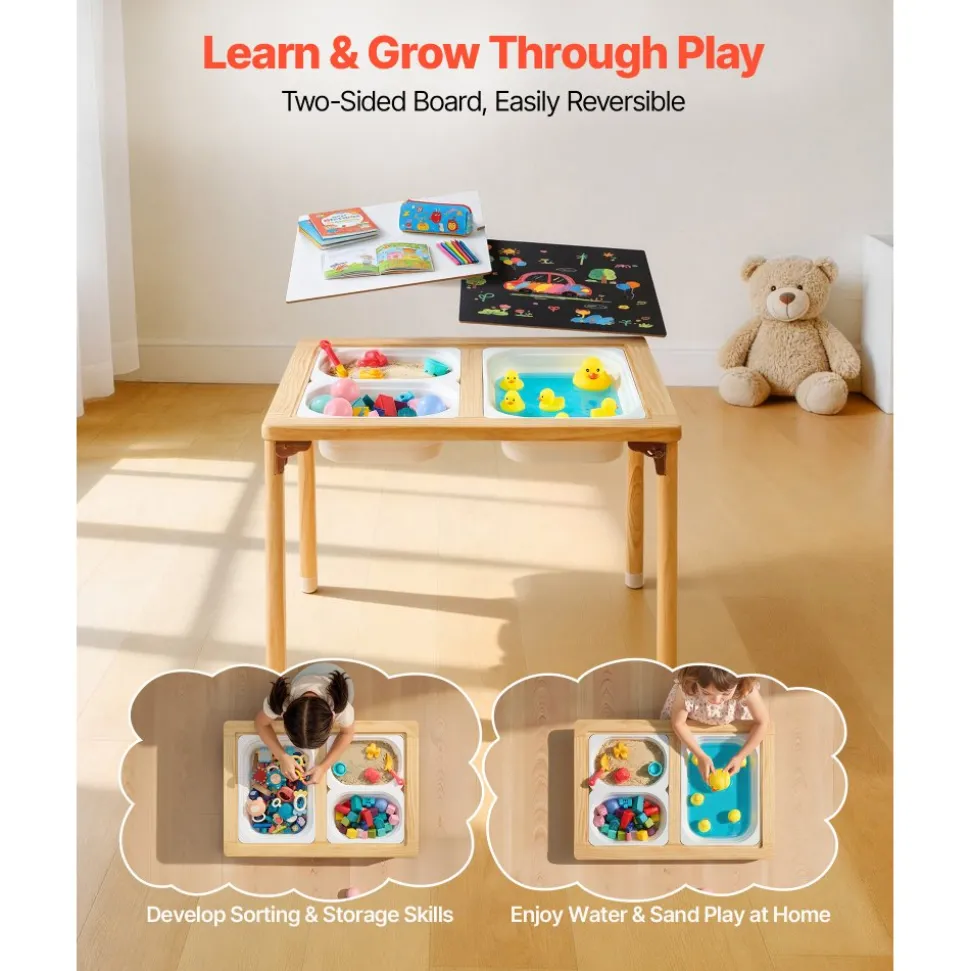 VEVOR Sensory Table for Toddlers, Foldable Wooden Kids Activity Table with Double-Sided Board, Storage Bins, and Non-Slip Feet, for Boys and Girls Playing Sand and Water, Drawing, Studying, Dining