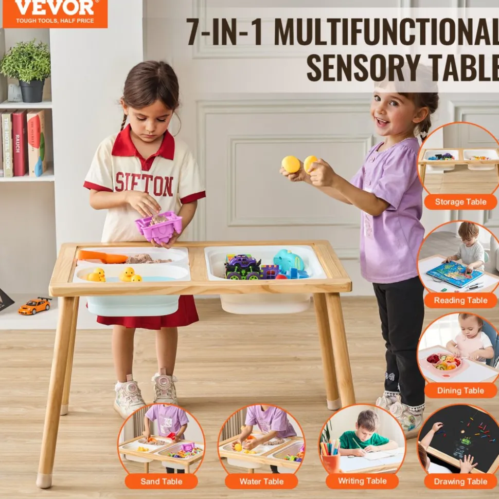 VEVOR Sensory Table for Toddlers, Kids 4-Station Sand and Water Adjustable Play Table with Detachable Storage Bins and Non-Slip Feet, Carbon Steel Frame, Rounded Corners, for Boys and Girls Exploring