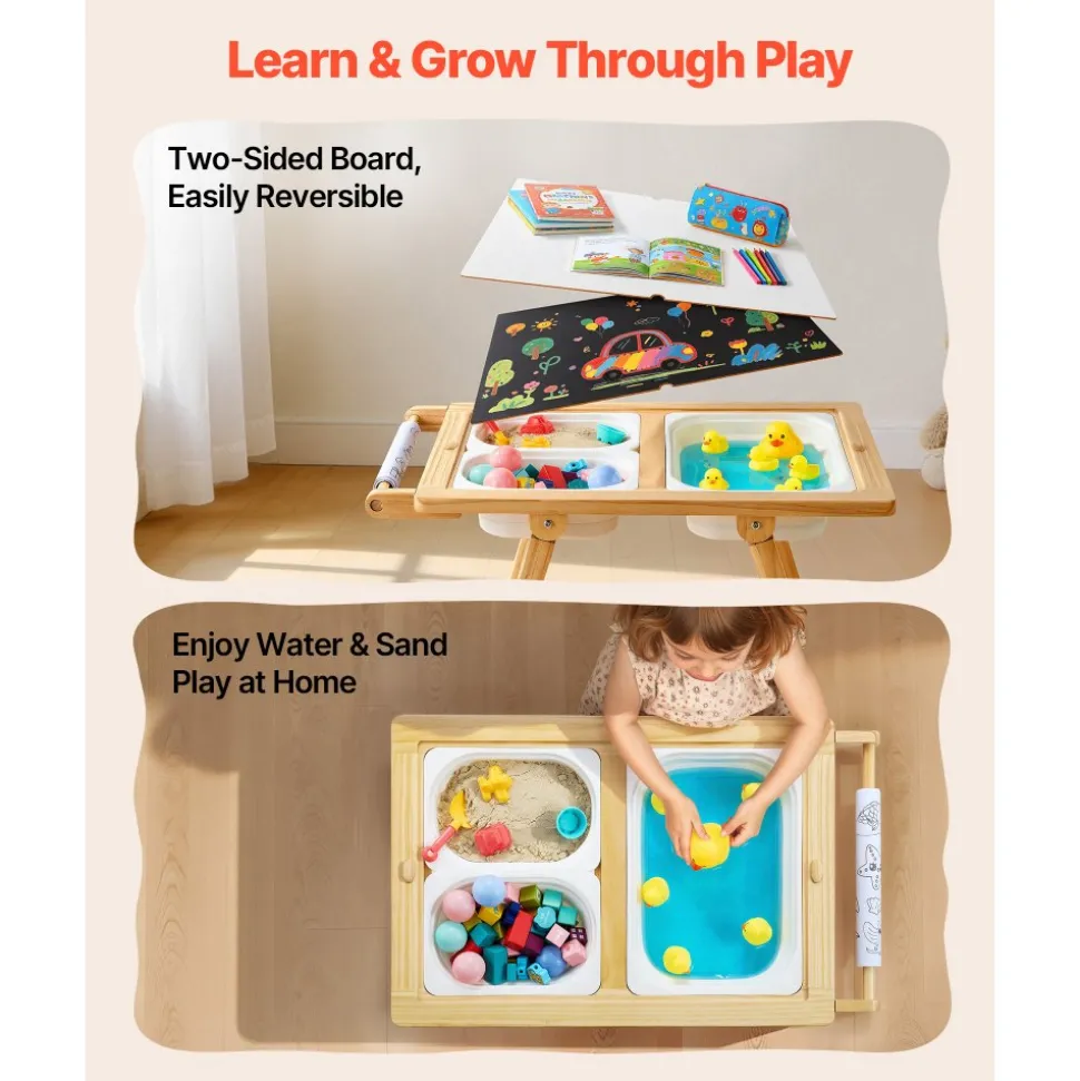 VEVOR Sensory Table for Toddlers, Wooden Kids Activity Table and Art Easel with Reversible Double-Sided Board, Storage Bins, for Boys and Girls Playing Sand and Water, Drawing, Studying, Dining