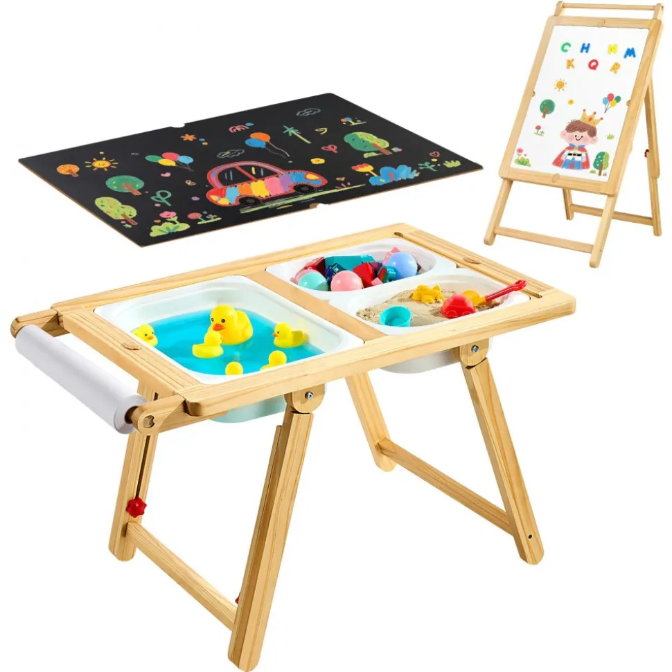 VEVOR Sensory Table for Toddlers, Wooden Kids Activity Table and Art Easel with Reversible Double-Sided Board, Storage Bins, for Boys and Girls Playing Sand and Water, Drawing, Studying, Dining