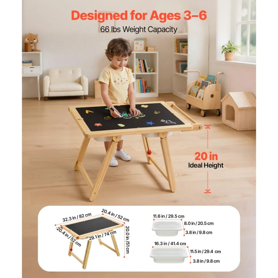 VEVOR Sensory Table for Toddlers, Wooden Kids Activity Table and Art Easel with Reversible Double-Sided Board, Storage Bins, for Boys and Girls Playing Sand and Water, Drawing, Studying, Dining