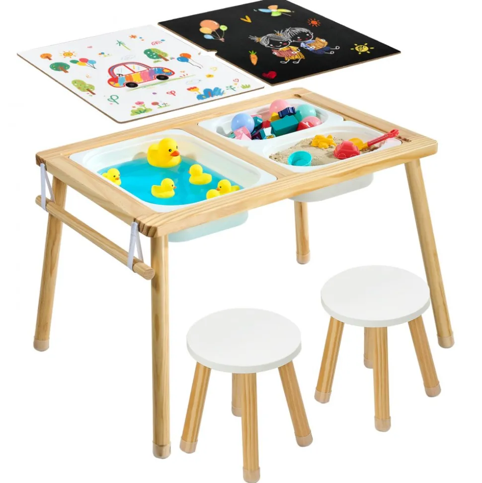 VEVOR Sensory Table for Toddlers, Wooden Kids Activity Table with 2 Stools, Double-Sided Board, Storage Bins, and Non-Slip Feet, for Boys and Girls Playing Sand and Water, Drawing, Studying, Dining