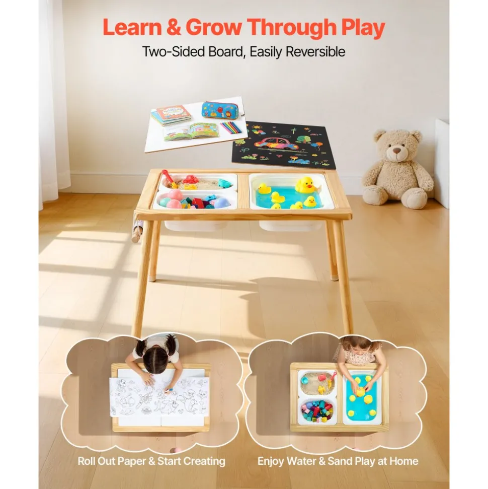 VEVOR Sensory Table for Toddlers, Wooden Kids Activity Table with 2 Stools, Double-Sided Board, Storage Bins, and Non-Slip Feet, for Boys and Girls Playing Sand and Water, Drawing, Studying, Dining