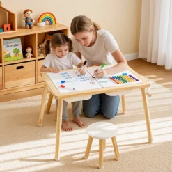 VEVOR Sensory Table for Toddlers, Wooden Kids Activity Table with 2 Stools, Double-Sided Board, Storage Bins, and Non-Slip Feet, for Boys and Girls Playing Sand and Water, Drawing, Studying, Dining