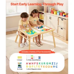 VEVOR Sensory Table for Toddlers, Wooden Kids Activity Table with 2 Stools, Double-Sided Board, Storage Bins, and Non-Slip Feet, for Boys and Girls Playing Sand and Water, Drawing, Studying, Dining