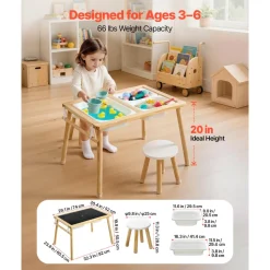 VEVOR Sensory Table for Toddlers, Wooden Kids Activity Table with 2 Stools, Double-Sided Board, Storage Bins, and Non-Slip Feet, for Boys and Girls Playing Sand and Water, Drawing, Studying, Dining
