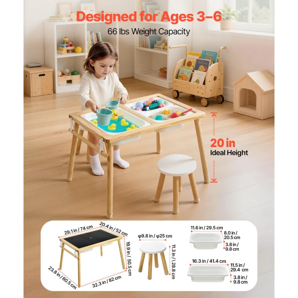 VEVOR Sensory Table for Toddlers, Wooden Kids Activity Table with 2 Stools, Double-Sided Board, Storage Bins, and Non-Slip Feet, for Boys and Girls Playing Sand and Water, Drawing, Studying, Dining