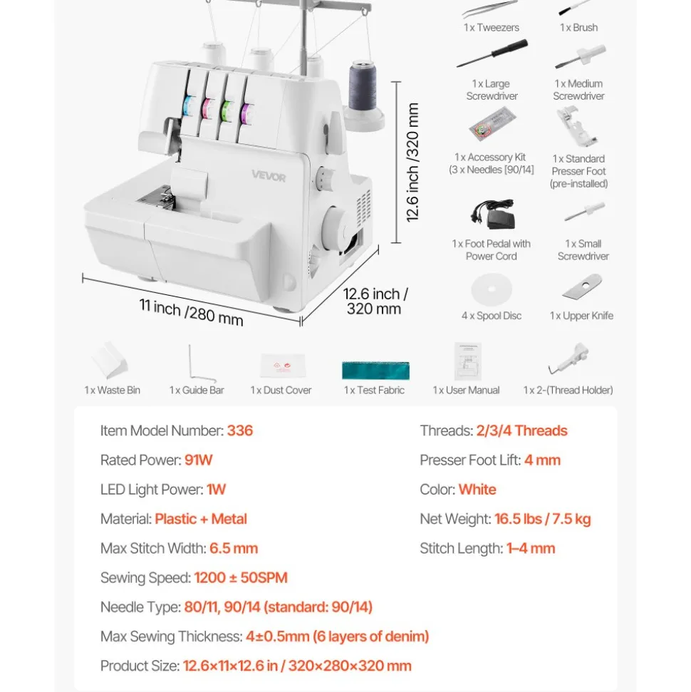 VEVOR Serger Overlock Sewing Machine, 1250 Stitches Per Minute, 2-3-4 Thread Capability, 0.7-2 Adjustable Differential Feed, with Free Arm and LED Light, Sewing Machine for Various Fabrics, White