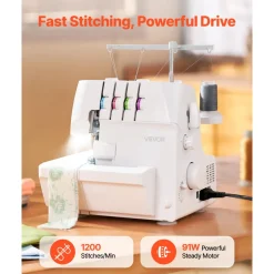 VEVOR Serger Overlock Sewing Machine, 1250 Stitches Per Minute, 2-3-4 Thread Capability, 0.7-2 Adjustable Differential Feed, with Free Arm and LED Light, Sewing Machine for Various Fabrics, White