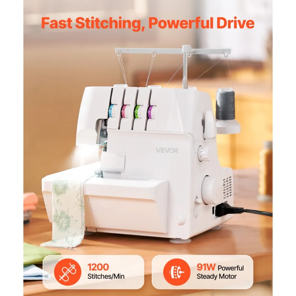VEVOR Serger Overlock Sewing Machine, 1250 Stitches Per Minute, 2-3-4 Thread Capability, 0.7-2 Adjustable Differential Feed, with Free Arm and LED Light, Sewing Machine for Various Fabrics, White