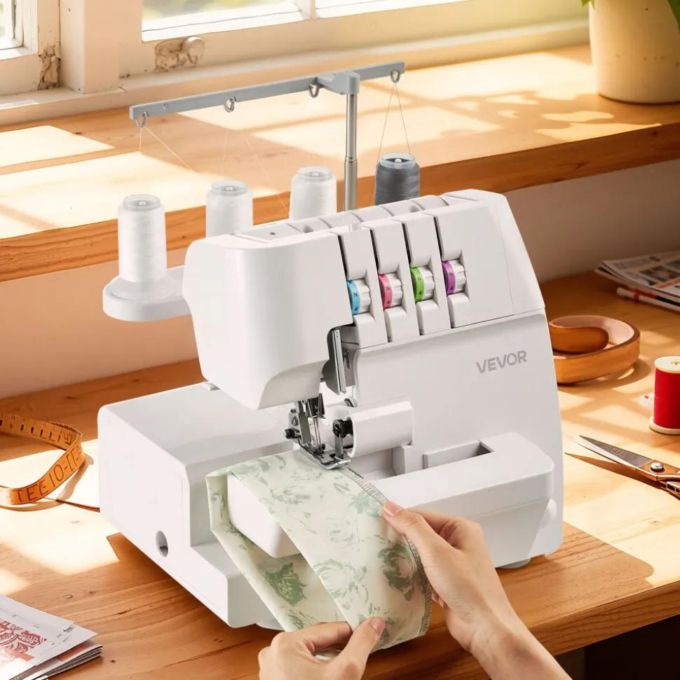 VEVOR Serger Overlock Sewing Machine, 1250 Stitches Per Minute, 2-3-4 Thread Capability, 0.7-2 Adjustable Differential Feed, with Free Arm and LED Light, Sewing Machine for Various Fabrics, White