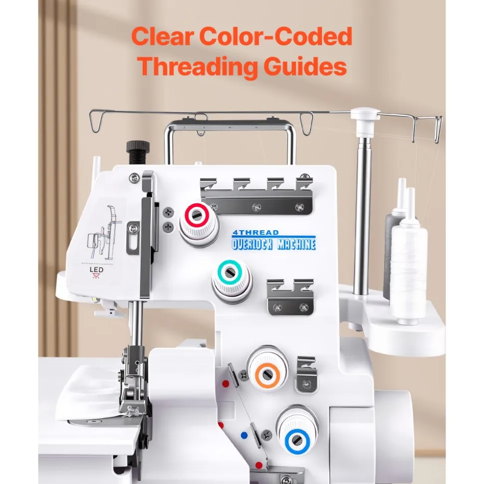 VEVOR Serger Overlock Sewing Machine, 1250 Stitches Per Minute, 3 and 4 Thread Capability, with LED Light and Strong Suction Feet, Heavy-Duty Metal Frame Sewing Machine for Various Fabrics, White