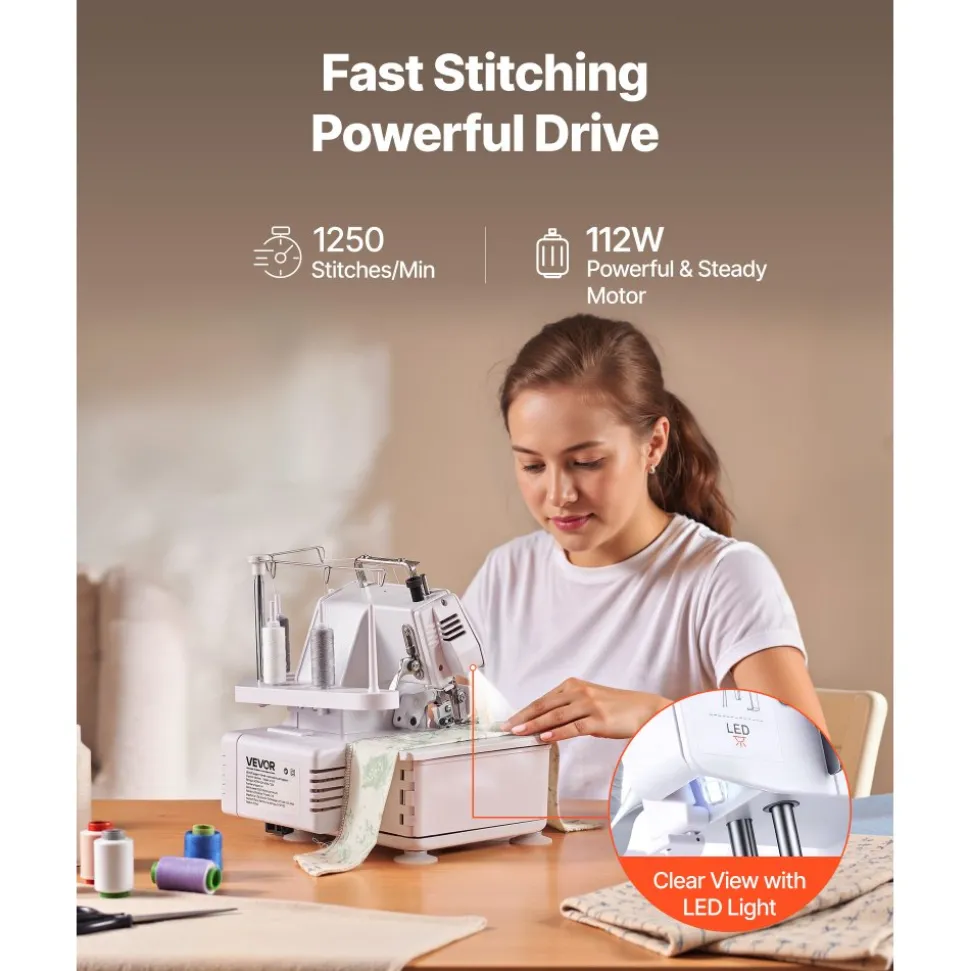 VEVOR Serger Overlock Sewing Machine, 1250 Stitches Per Minute, 3 and 4 Thread Capability, with LED Light and Strong Suction Feet, Heavy-Duty Metal Frame Sewing Machine for Various Fabrics, White