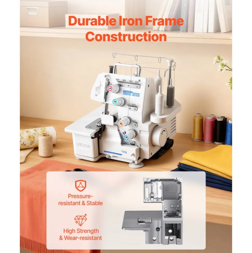 VEVOR Serger Overlock Sewing Machine, 1250 Stitches Per Minute, 3 and 4 Thread Capability, with LED Light and Strong Suction Feet, Heavy-Duty Metal Frame Sewing Machine for Various Fabrics, White