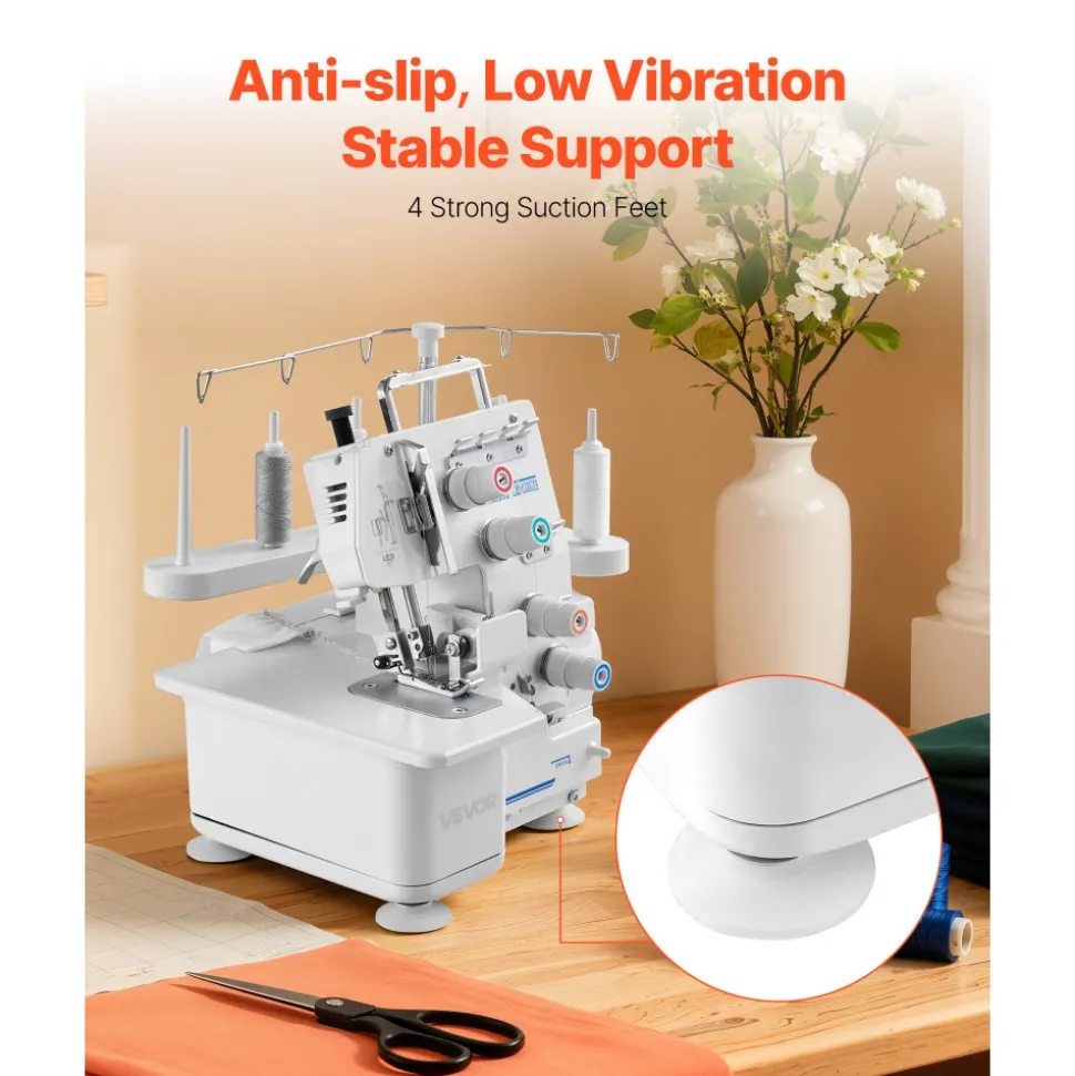 VEVOR Serger Overlock Sewing Machine, 1250 Stitches Per Minute, 3 and 4 Thread Capability, with LED Light and Strong Suction Feet, Heavy-Duty Metal Frame Sewing Machine for Various Fabrics, White