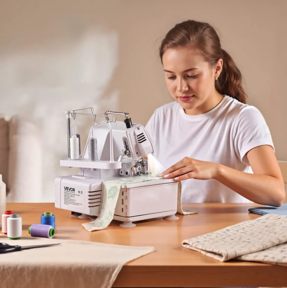 VEVOR Serger Overlock Sewing Machine, 1250 Stitches Per Minute, 3 and 4 Thread Capability, with LED Light and Strong Suction Feet, Heavy-Duty Metal Frame Sewing Machine for Various Fabrics, White