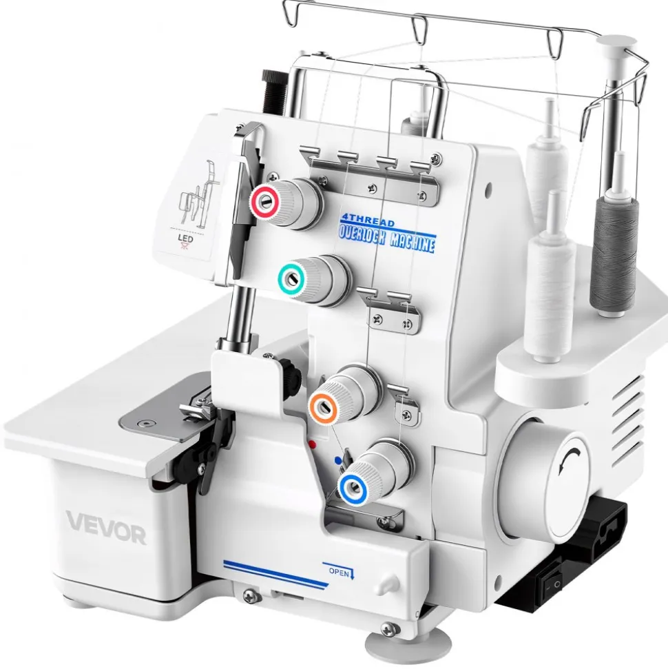 VEVOR Serger Overlock Sewing Machine, 1250 Stitches Per Minute, 3 and 4 Thread Capability, with LED Light and Strong Suction Feet, Heavy-Duty Metal Frame Sewing Machine for Various Fabrics, White