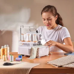 VEVOR Serger Overlock Sewing Machine, 1250 Stitches Per Minute, 2-3-5 Thread Capability, with LED Light and Strong Suction Feet, Heavy-Duty Metal Frame Sewing Machine for Various Fabrics, White