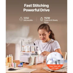 VEVOR Serger Overlock Sewing Machine, 1250 Stitches Per Minute, 2-3-5 Thread Capability, with LED Light and Strong Suction Feet, Heavy-Duty Metal Frame Sewing Machine for Various Fabrics, White