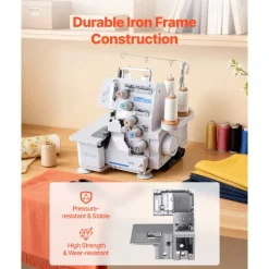 VEVOR Serger Overlock Sewing Machine, 1250 Stitches Per Minute, 2-3-5 Thread Capability, with LED Light and Strong Suction Feet, Heavy-Duty Metal Frame Sewing Machine for Various Fabrics, White