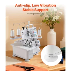 VEVOR Serger Overlock Sewing Machine, 1250 Stitches Per Minute, 2-3-5 Thread Capability, with LED Light and Strong Suction Feet, Heavy-Duty Metal Frame Sewing Machine for Various Fabrics, White