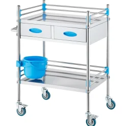 VEVOR Service Cart, 2 Layers Stainless Steel Utility Rolling Cart, Medical Cart with Two Drawers, Dental Utility Cart with Lockable Wheels and A Bucket, Ideal for Laboratory, Hospital, Dental Use