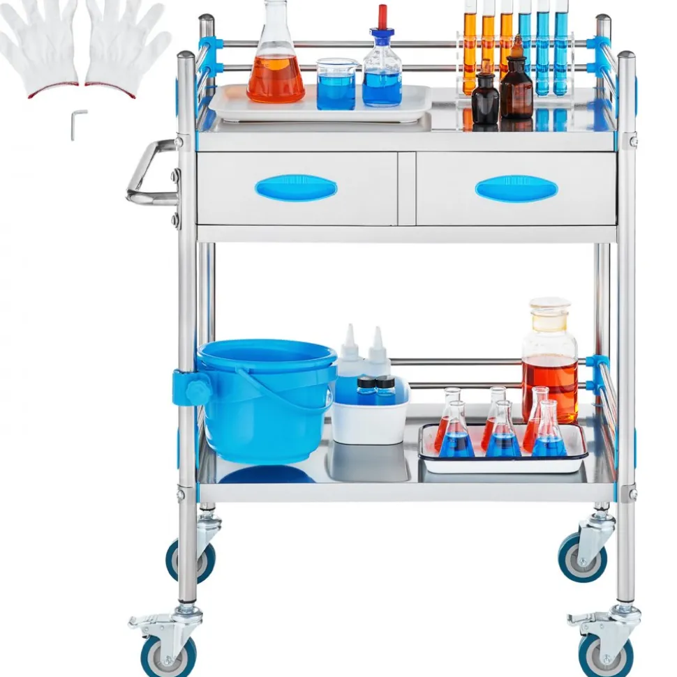 VEVOR Service Cart, 2 Layers Stainless Steel Utility Rolling Cart, Medical Cart with Two Drawers, Dental Utility Cart with Lockable Wheels and A Bucket, Ideal for Laboratory, Hospital, Dental Use