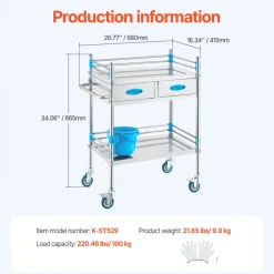 VEVOR Service Cart, 2 Layers Stainless Steel Utility Rolling Cart, Medical Cart with Two Drawers, Dental Utility Cart with Lockable Wheels and A Bucket, Ideal for Laboratory, Hospital, Dental Use