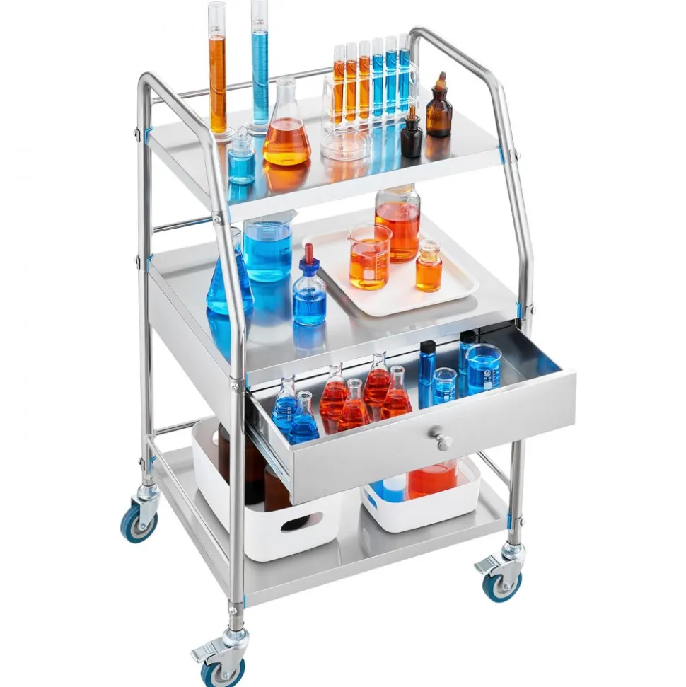 VEVOR Service Cart, 3 Layers Stainless Steel Utility Rolling Cart, Medical Cart with Drawer, Dental Utility Cart with Lockable Wheels, Ideal for Laboratory, Hospital, Dental Use