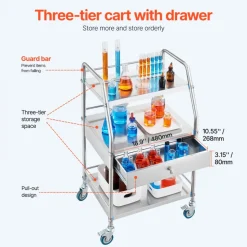 VEVOR Service Cart, 3 Layers Stainless Steel Utility Rolling Cart, Medical Cart with Drawer, Dental Utility Cart with Lockable Wheels, Ideal for Laboratory, Hospital, Dental Use