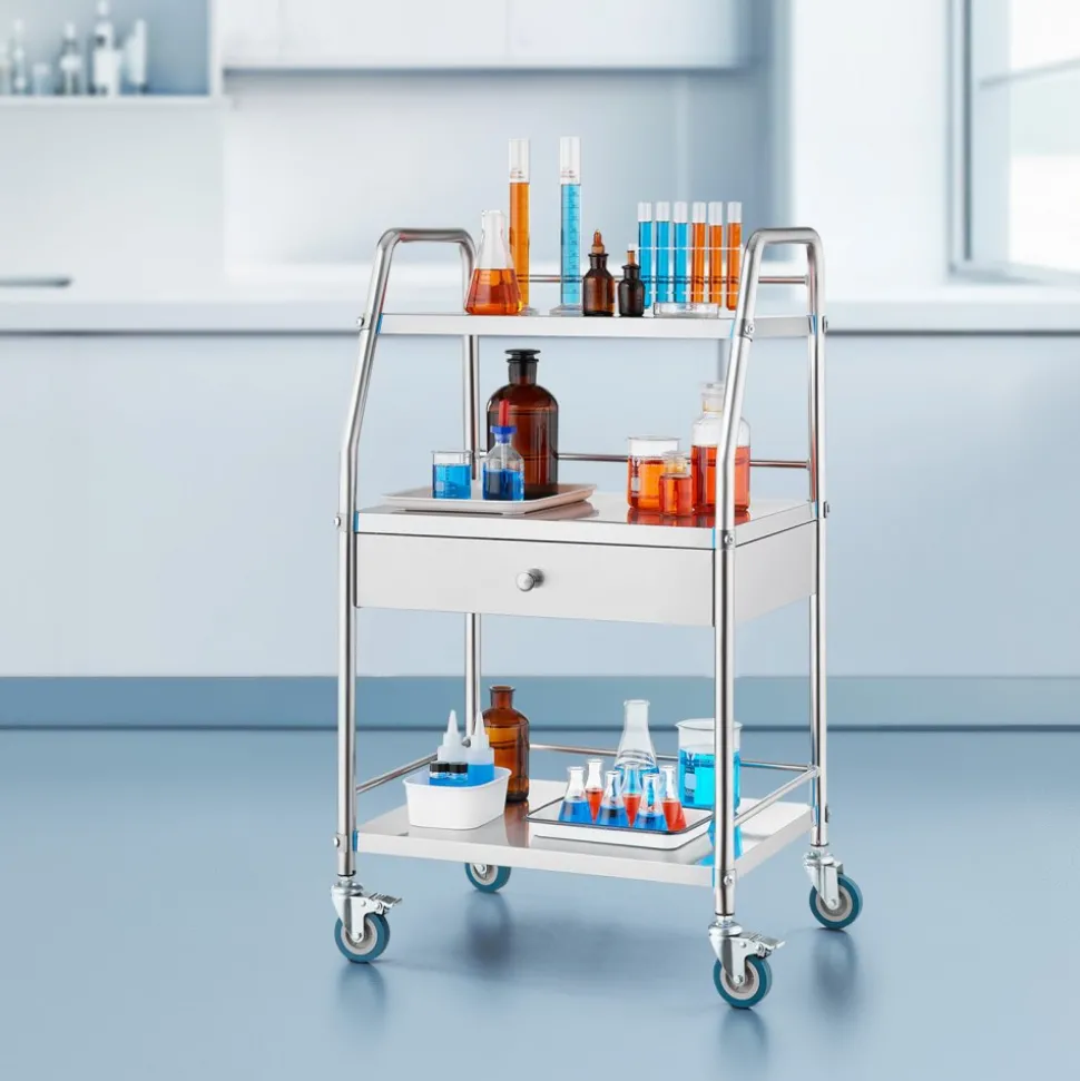 VEVOR Service Cart, 3 Layers Stainless Steel Utility Rolling Cart, Medical Cart with Drawer, Dental Utility Cart with Lockable Wheels, Ideal for Laboratory, Hospital, Dental Use