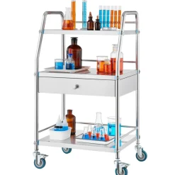 VEVOR Service Cart, 3 Layers Stainless Steel Utility Rolling Cart, Medical Cart with Drawer, Dental Utility Cart with Lockable Wheels, Ideal for Laboratory, Hospital, Dental Use