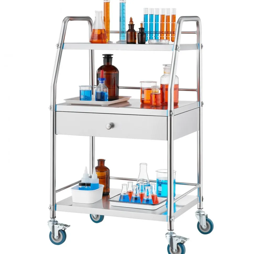 VEVOR Service Cart, 3 Layers Stainless Steel Utility Rolling Cart, Medical Cart with Drawer, Dental Utility Cart with Lockable Wheels, Ideal for Laboratory, Hospital, Dental Use