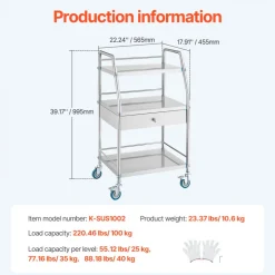 VEVOR Service Cart, 3 Layers Stainless Steel Utility Rolling Cart, Medical Cart with Drawer, Dental Utility Cart with Lockable Wheels, Ideal for Laboratory, Hospital, Dental Use