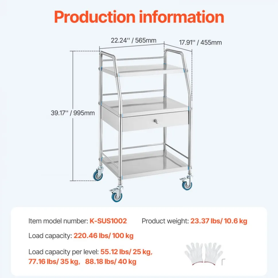 VEVOR Service Cart, 3 Layers Stainless Steel Utility Rolling Cart, Medical Cart with Drawer, Dental Utility Cart with Lockable Wheels, Ideal for Laboratory, Hospital, Dental Use