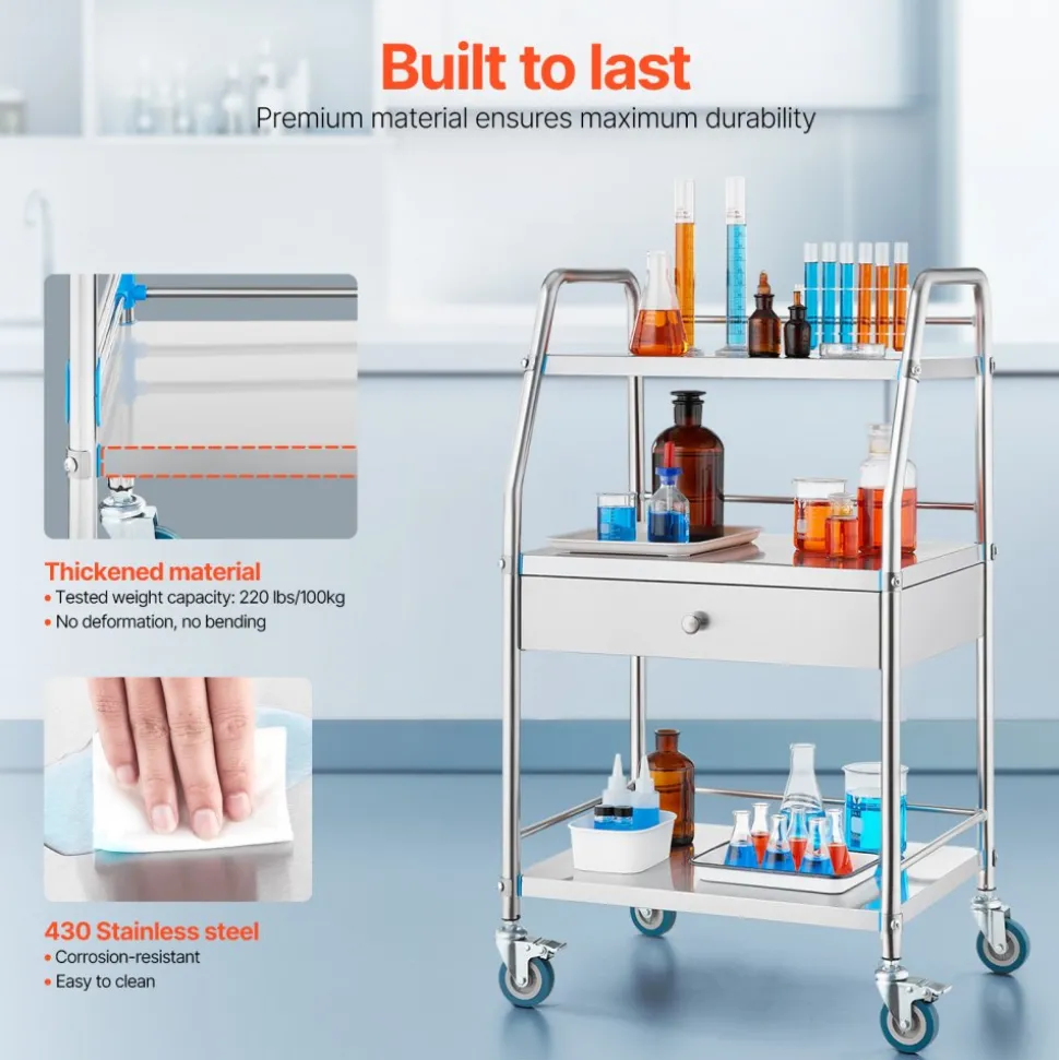 VEVOR Service Cart, 3 Layers Stainless Steel Utility Rolling Cart, Medical Cart with Drawer, Dental Utility Cart with Lockable Wheels, Ideal for Laboratory, Hospital, Dental Use