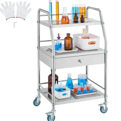 VEVOR Service Cart, 3 Layers Stainless Steel Utility Rolling Cart, Medical Cart with Drawer, Dental Utility Cart with Lockable Wheels, Ideal for Laboratory, Hospital, Dental Use