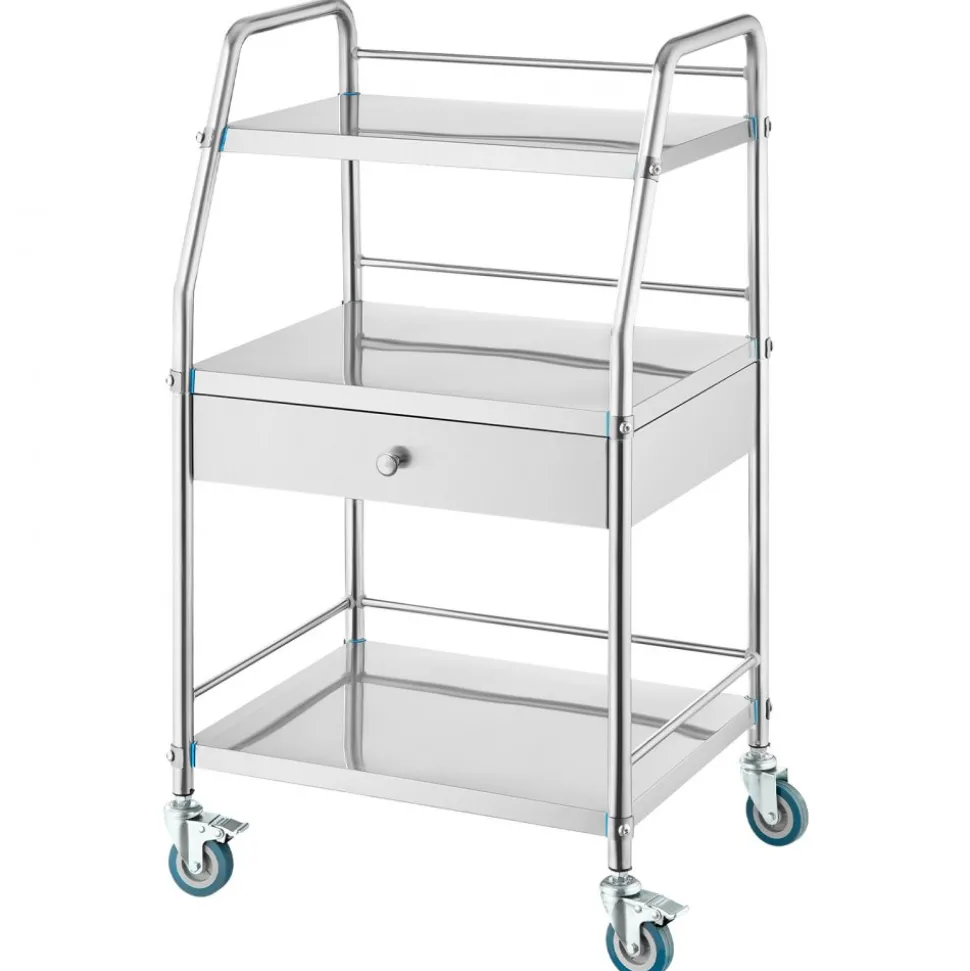 VEVOR Service Cart, 3 Layers Stainless Steel Utility Rolling Cart, Medical Cart with Drawer, Dental Utility Cart with Lockable Wheels, Ideal for Laboratory, Hospital, Dental Use