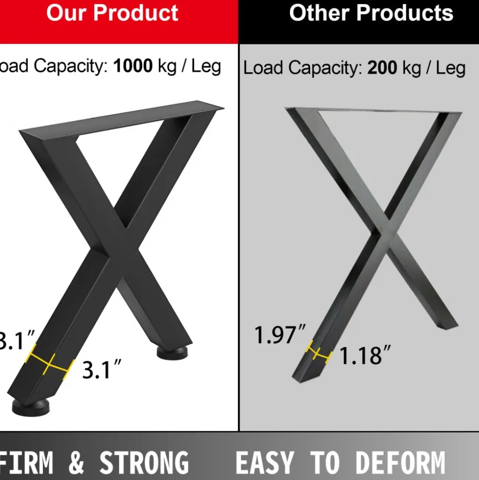 VEVOR Set of 2 Steel Table Legs, 28''Height 24''Wide Dining Table Legs, Heavy Duty 3.1" Square Box Section X Frame Table Legs, 28x24x3.1 Inch Black Color Industrial Country Style Metal Dining Leg
