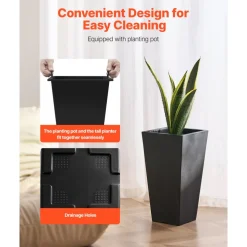 VEVOR Set of 2 Tall Outdoor Planters 22inch, Large Planters For Outdoor Indoor Plants, Black Tapered Square Front Porch Planters Flower Tree Plant Pots with Modern Design and Built-in Drainage