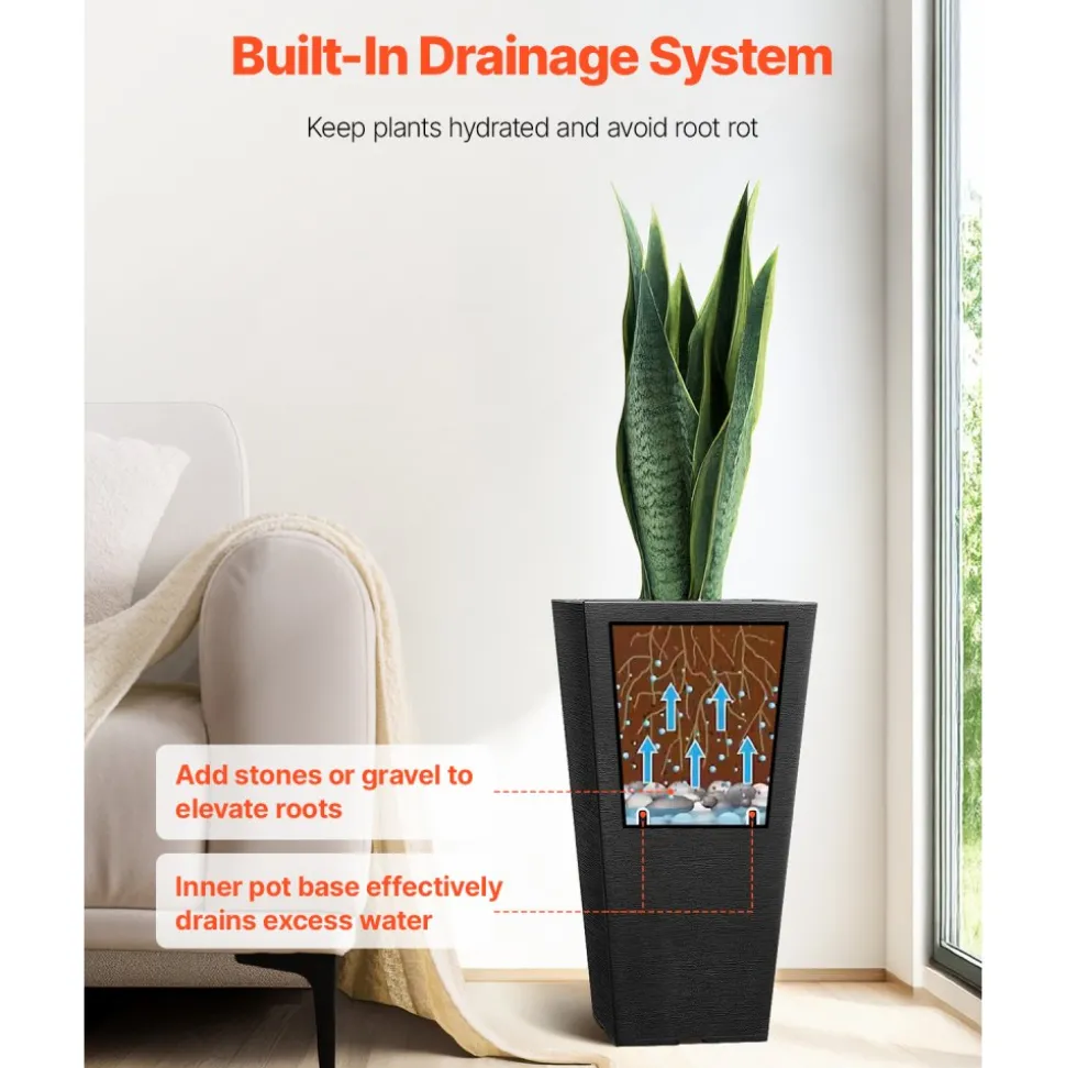 VEVOR Set of 2 Tall Outdoor Planters 22inch, Large Planters For Outdoor Indoor Plants, Black Tapered Square Front Porch Planters Flower Tree Plant Pots with Modern Design and Built-in Drainage